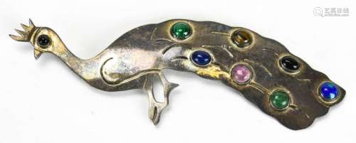 Vintage Sterling Silver Peacock Brooch w Gemstones