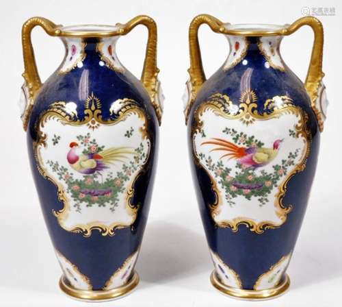 A pair of early 20thC Grainger & Co Worcester porcelain exotic bird pattern vases, each decorated