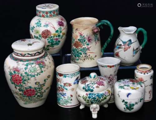 Various Japanese Meiji period pottery vases, etc. comprising a cylindrical example, florally