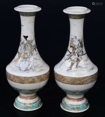 A pair of 19thC Japanese pottery Meiji period vases, each of bellied garlic form, decorated with