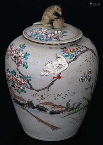 A Japanese late Meiji period jar and cover, with rat knop, polychrome decorated with birds,