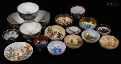 Various Japanese Satsuma and other pottery tea bowls and effects, a similar set of four biscuit