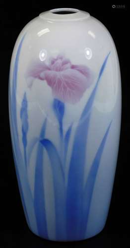 A Japanese porcelain Fukagawa Iroe Saiji vase, decorated with flowers, with a shaped rim, marked