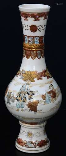 A 19thC Japanese Meiji period pottery Satsuma vase, the inverted cylindrical stem raised above a