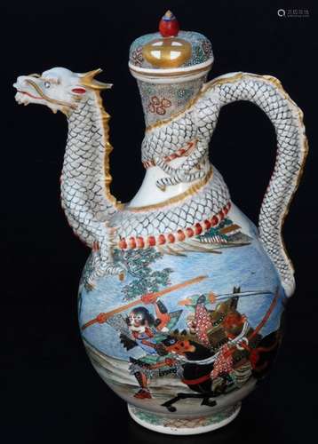 A 19thC Japanese Satsuma pottery coffee pot, with elaborate entwined dragon handle, the bulbous body