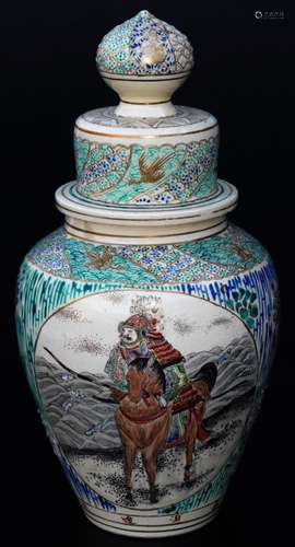 A large Japanese late Meiji period pottery vase, the shouldered body decorated with a panel of