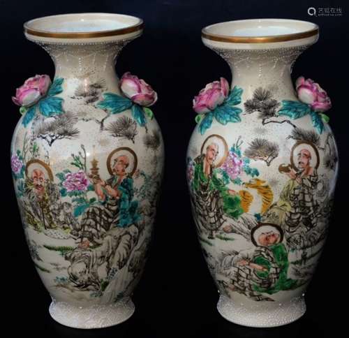 A pair of Japanese pottery Kyoto Meiji period vases, each with compressed trumpet stems and