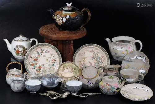 Various Japanese pottery and effects, a similar pair of Satsuma plates, a teapot and saucer, 11cm