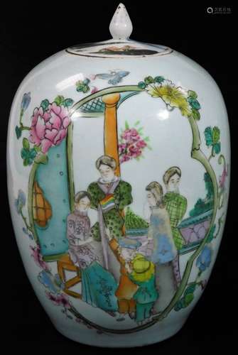 A Chinese Qing period porcelain jar and cover, the shaped oval body profusely decorated with