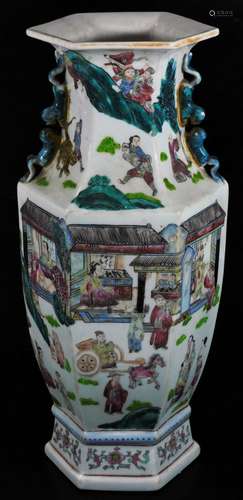 An 18thC style Chinese porcelain vase, of hexagonal form, profusely decorated with figures, set with