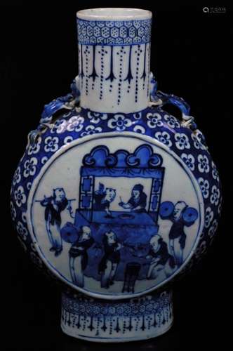 A 19thC Chinese blue and white porcelain moon flask, of large proportion, with cylindrical stem, the