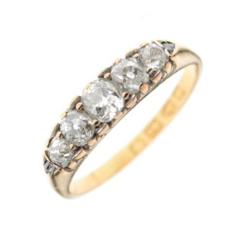 18ct gold five-stone diamond ring with old European cut stones, size R, 3.9g gross approx