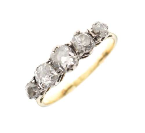 Unmarked yellow metal and five-stone diamond ring, size J, 3.1g gross approx