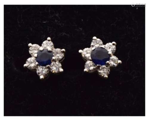Pair of 18ct gold, diamond and sapphire ear studs of flowerhead cluster design, 2.2g gross approx