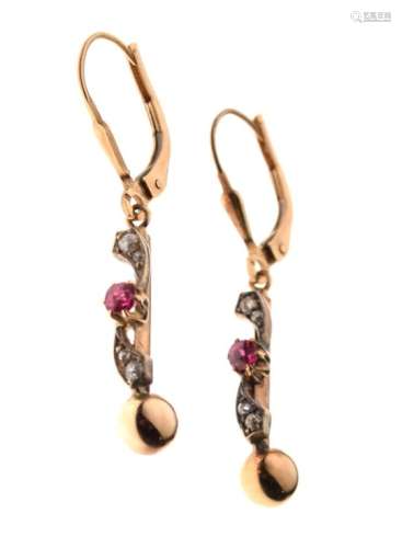 Pair of yellow metal, ruby and diamond drop earrings, 2.4g gross approx