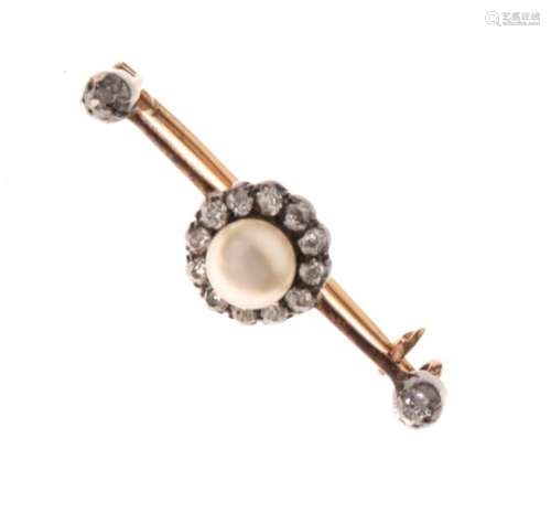 Unmarked yellow metal, diamond and pearl bar brooch set central pearl within diamond border and