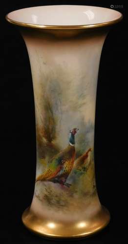 A 20thC Royal Worcester porcelain vase, by James Stinton, of trumpet shaped form, handpainted with