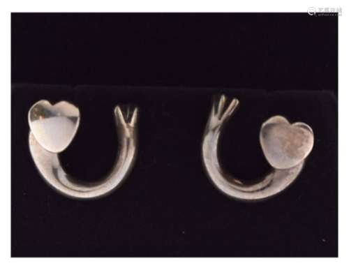 Georg Jensen - Pair of Danish white metal ear studs, each of heart design, stamped Sterling 925S, in