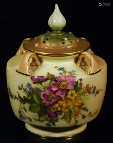 An early 20thC Royal Worcester potpourri vase and cover, 1912, of squat circular form, the pierced