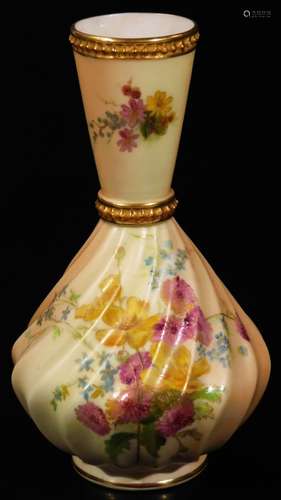 A late 19thC Royal Worcester blush ivory vase, 1898, with slender tapering stem and ribbed body