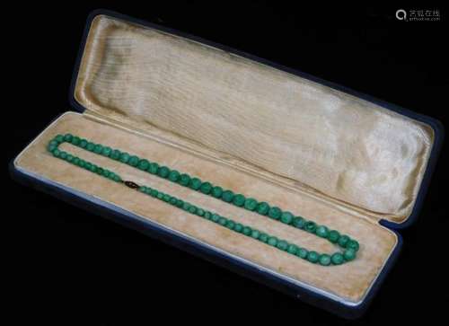 A green Jade necklace, with graduated orb sections on a plain string, with gilt coloured clasp, in