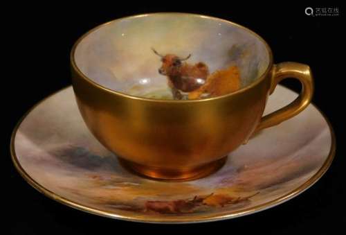 A 20thC Royal Worcester porcelain tea cup and saucer, 1921, by Harry Stinton, handpainted with