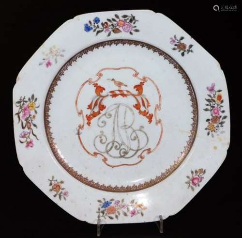 An 18thC Chinese export porcelain armorial plate, of octagonal form, polychrome decorated with