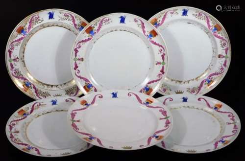 A set of six Chinese export porcelain armorial plates, of circular form, set with a gilt coloured