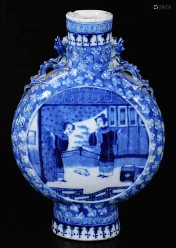 A 19thC Qing period Chinese porcelain moon flask, the circular body decorated with two panels with