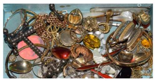 Assorted costume and dress jewellery and effects to include lockets, snap bangle, enamelled