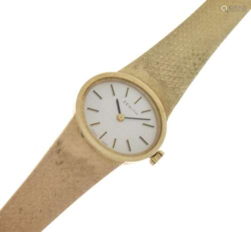 Zenith - Lady's 9ct gold bracelet watch, silvered oval dial, flexible bracelet strap, 32g gross
