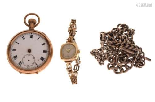 American gold-plated open-face pocket watch guaranteed to wear 20 years, together with a lady's
