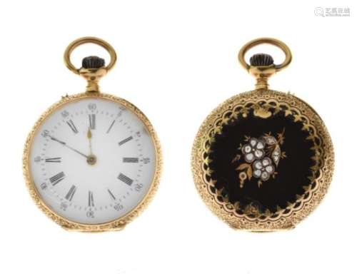 19th Century Continental lady's yellow metal open-face fob watch, the white enamel dial with Roman