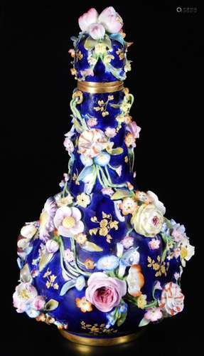 A 19thC Derby Smiths blue ground bottle vase and cover, c1835, decorated with apples and flowers and