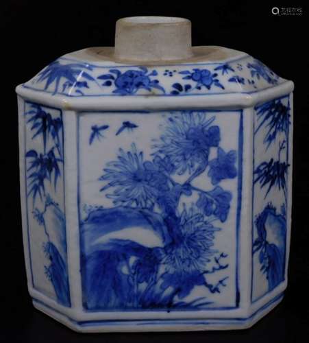 A 19thC Chinese Qing period blue and white porcelain tea caddy, of hexagonal form decorated with