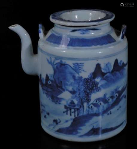 A Chinese porcelain Qing period kettle, of cylindrical form with removable lid, profusely