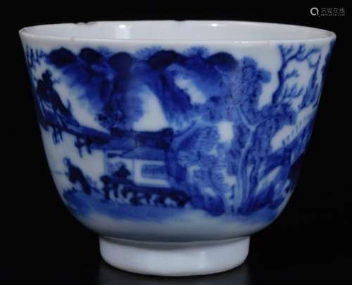 A Chinese blue and white porcelain tea bowl, of tapering form on circular foot, profusely