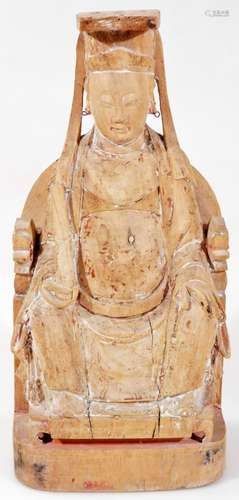 A Chinese carved wooden statue, of a figure sat on a throne, undecorated, 30cm H.