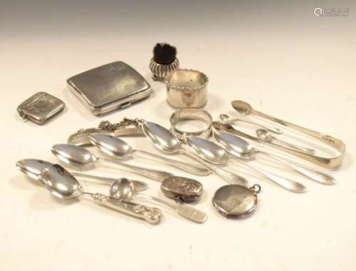 Collection of silver to include; cigarette case, London 1928, set of six teaspoons, Sheffield