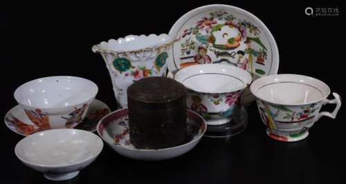 An oriental porcelain tea bowl and saucer, polychrome decorated with various samurai, six