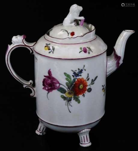 An early 19thC Ludwigsburg porcelain coffee pot, with animal knop, shaped cylindrical body and