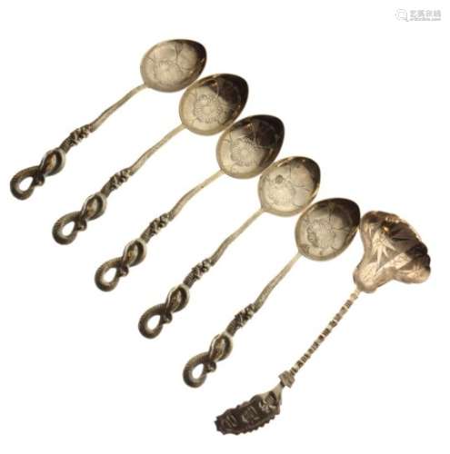 Ornate Chinese white metal spoon marked 'Free China', together with five Oriental teaspoons
