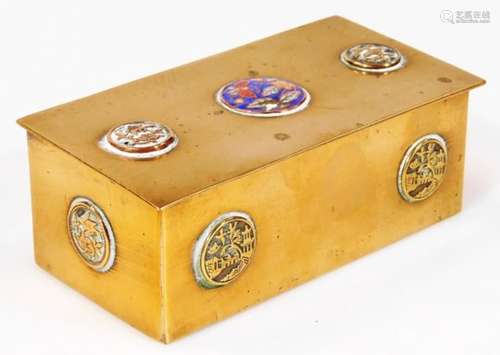 A Chinese brass stamp case, of rectangular form set with Chinese orbs with enamel butterfly centre