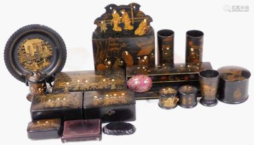 Various late 19thC and early 20thC Japanese black lacquer ware, to include a pair of Japanese vases,