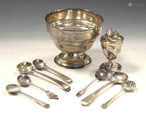 Collection of silver items to include; a silver sugar bowl, Birmingham 1911, silver salt and mustard