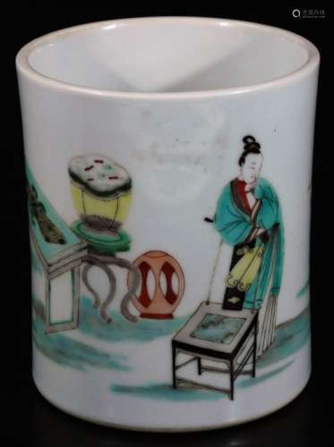 A Chinese Republic porcelain brush pot, of cylindrical form, polychrome decorated all around with
