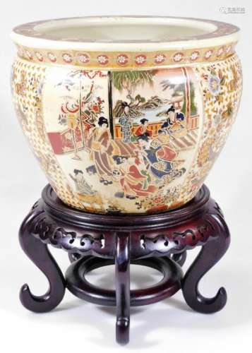 A late 20thC fish bowl, of tapering cylindrical form, decorated and raised by various figures broken
