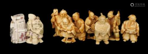 Various Japanese Taisho period netsuke, to include figure of a standing gentleman holding staff, 6cm
