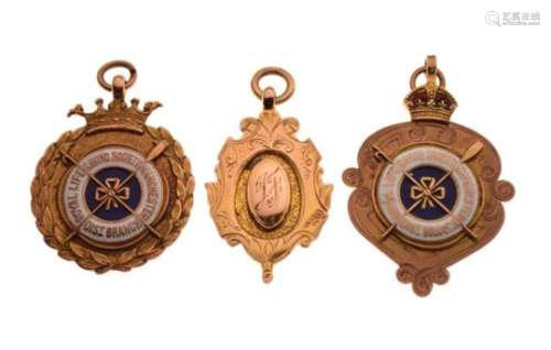 Two early 20th Century 9ct gold and enamel medals, Royal Lifesaving Society Manchester Dist. Branch,