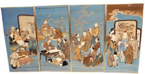 A four piece Chinese embroidered wall hanging, set with various figures with bullion type